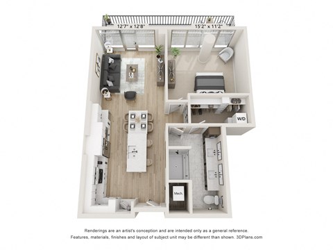 Floor plan for 1 bed, 1 bath, 952 sqft